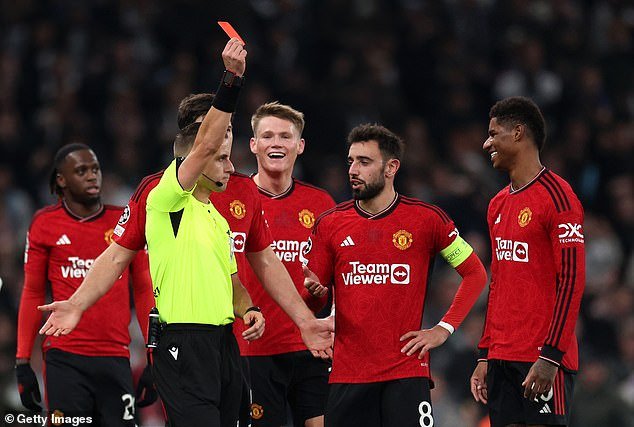 Marcus Rashford was shown a straight red card in the first half after being deemed to have committed a dangerous tackle