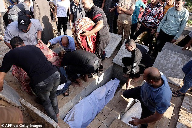 Palestinians bury members of the Hijazi family killed in an airstrike in southern Gaza Strip