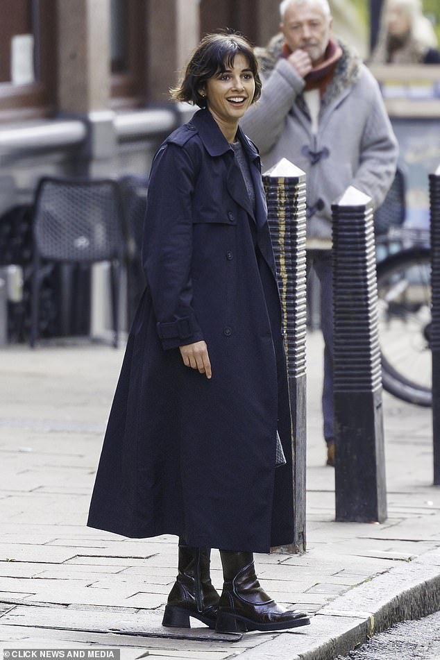 Star: The Anatomy Of A Scandal star, 30, donned a navy blue overcoat and similarly kept her short brunette bob the same, unlike Kit who had to shave his iconic look