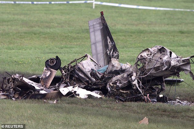 Wreckage: In his 2021 memoir Leap of Faith, Frankie said he heard a loud bang and felt like something was wrong (photo of the light aircraft after the crash)