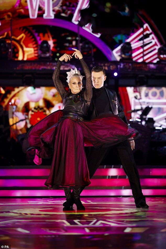 Hard work: Angela Rippon and her dance partner Kai Widdrington then performed their Paso Doble for the second time to Hung Up by Madonna