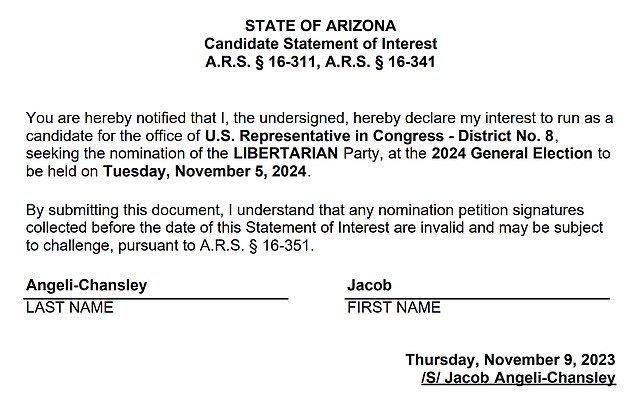In paperwork filed with the Arizona Secretary of State's office, he identified himself as Jacob Angeli instead of his legal last name, Chansley, which was used to charge and convict him for his role in the attack .