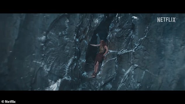 Cave: Later, she is seen tearing pieces of fabric from her dress as she climbs a treacherous cave, only to find an opening hundreds of feet above the earth
