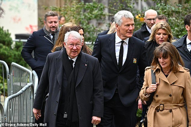 Ferguson was pictured next to David Gill arriving at the memorial service in Manchester