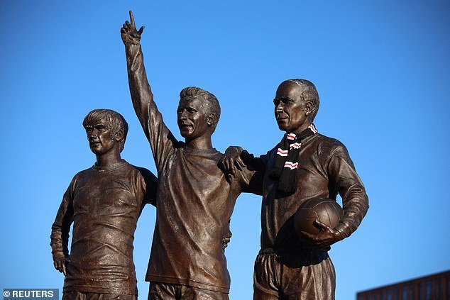 His procession passes the 'Holy Trinity' statue, which depicts Charlton celebrating a goal with fellow United greats Denis Law and George Best, at around 1.30pm.
