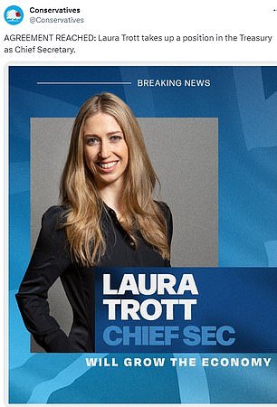 The Conservatives tweeted 'DEAL REACHED' as they announced Laura Trott's role as Principal Secretary to the Treasury