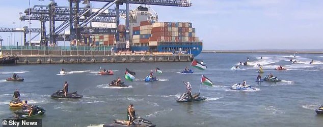 Saturday's jet ski blockade came three days after more pro-Palestinian activists stopped trucks loading cargo onto another Zim ship in Melbourne