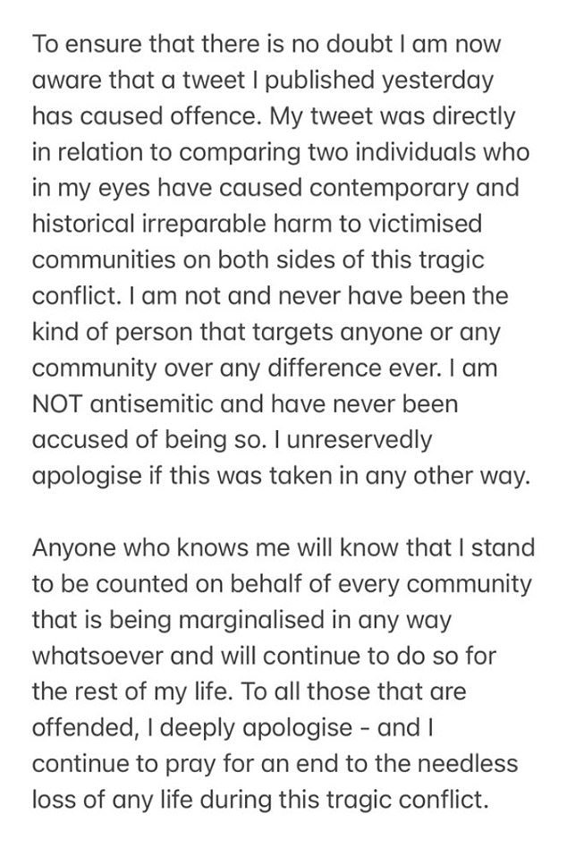 Haq posted his full apology on social media and says he supports anyone who is being marginalized