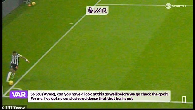 The first thing the VAR looked at was whether Joe Willock managed to keep the ball in play