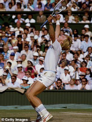 Boris Becker celebrating his defeat by Kevin Curren during the men's singles final of the Wimbledon Lawn Tennis Championship on 7 July 1985