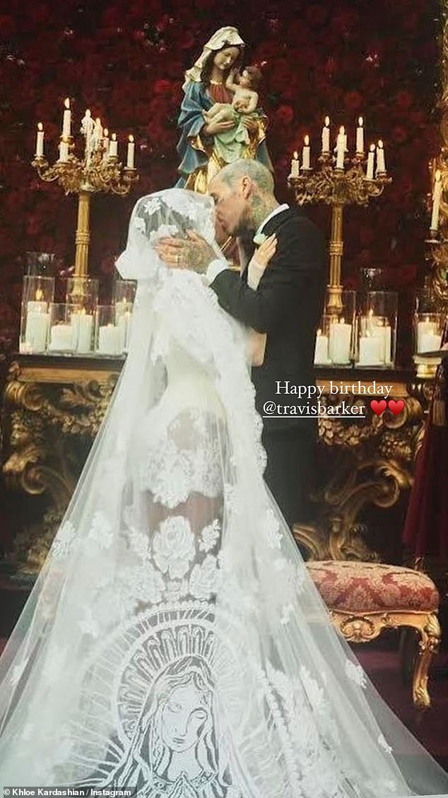 Throwback time: The star also added a throwback image of Travis and Kourtney sharing a romantic kiss during their wedding which took place in Italy last year
