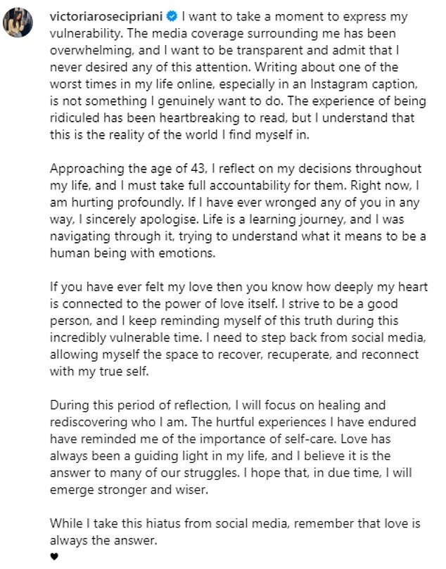 But she told her 11,000 Instagram followers: “I want to take a moment to express my vulnerability.  The media coverage around me has been overwhelming, and I want to be transparent and admit that I never wanted this attention.”