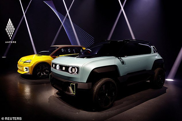 The Twingo will sit below the new all-electric Renault 5 hatchback (left) and the Renault 4 compact SUV (right) – both expected around 2025 – in the brand's refreshed battery-powered range