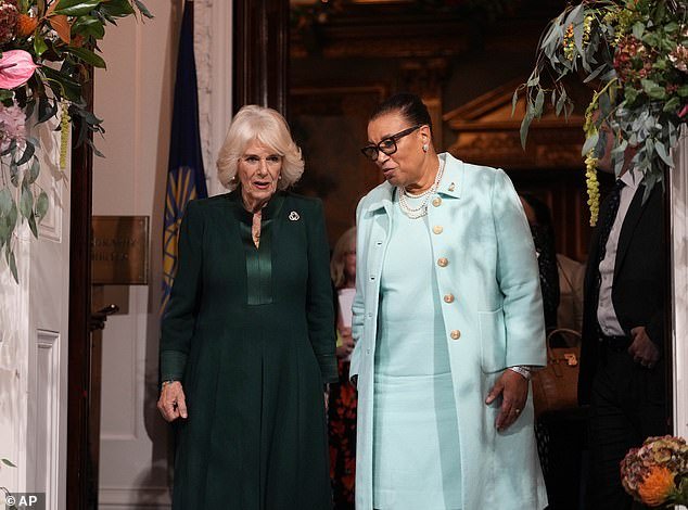Queen Camilla and Patricia Scotland, Baroness Scotland, attend the Commonwealth Women Leader event at Marlborough House in London