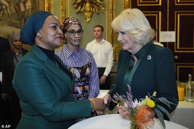 Camilla meets First Lady of Zanzibar Maryam Mwinyi while attending the event at Marlborough House
