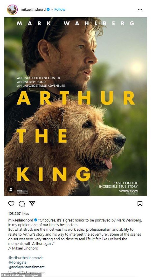 High praise: To mark the release of the film's first trailer, the real Mikael Lindnord took to Instagram and gushed about Wahlberg's performance