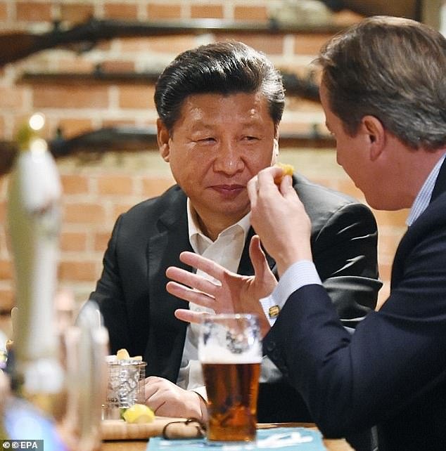 Xi Jinping drinks fish and chips with David Cameron in a Buckinghamshire pub in 2015