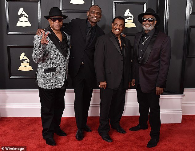 (L-R) Musicians Dennis Thomas, George Brown, Robert Bell and Ronald Bell attend the 59th GRAMMY Awards at STAPLES Center in 2017