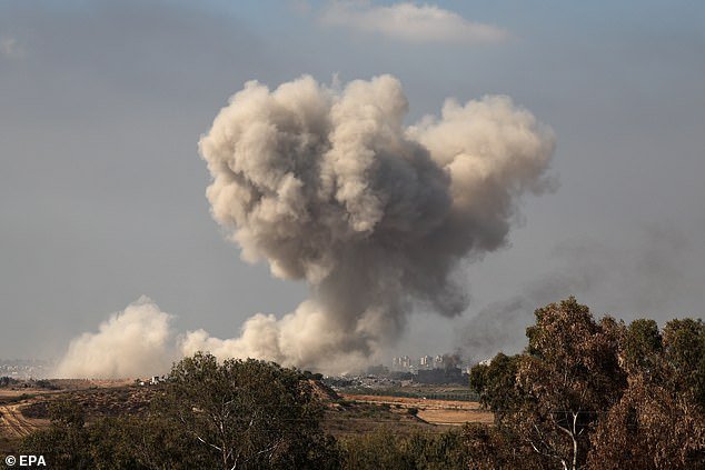 Smoke rises after an Israeli airstrike on the city of Beit Hanoun, in the northern Gaza Strip