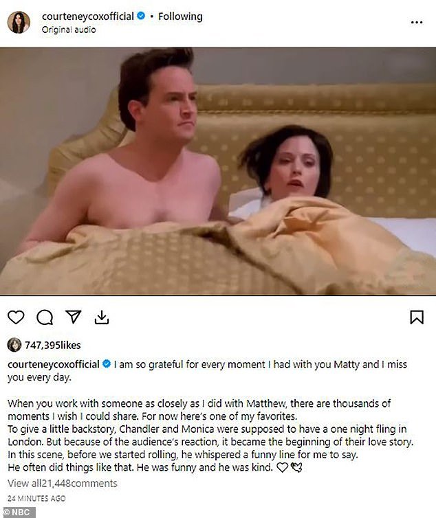 Cox played Chandler's true love Monica Geller in the show, reflecting on the beginning of their on-screen romance with a clip of the two in bed in London