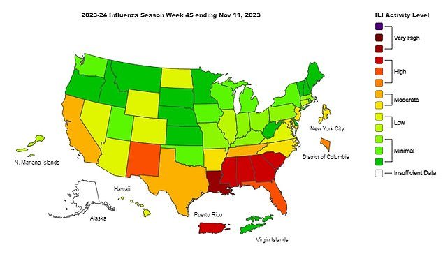 This map shows flu activity by state.  This shows that activity is highest in Louisiana and Puerto Rico
