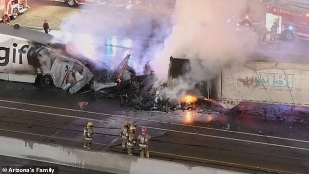 An aerial view of the scene showed a semi-truck engulfed in flames, with the charred remains of vehicles the only remains