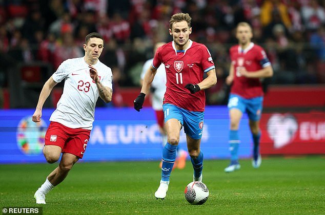 Striker Jan Kuchta (right) in action for the Czechs during their 1-1 draw against Poland on Friday