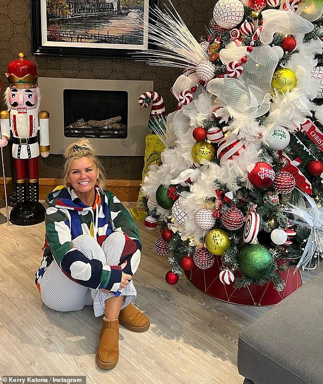 Incredible: Kerry showed off her Grinch-themed Christmas tree, which was decorated with red, white and green baubles, candy canes and white netting