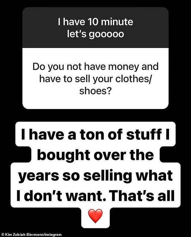 Kim - who has 6.4 million followers on social media - explained last Friday: 'I have a lot of things that I've bought over the years, so I'm selling what I don't want.  That's all'