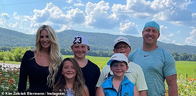 Party time: Kim and the 38-year-old retired NFL star will celebrate the 10th birthday of their youngest children – twins Kaia Rose and Kane Ren (front) – this Friday
