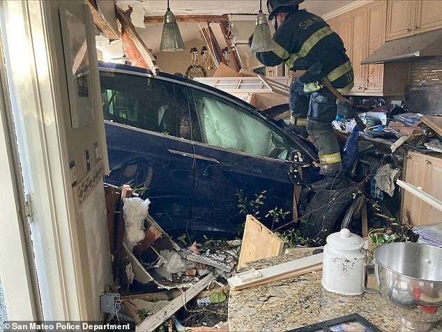 Dramatic photos show her EV flew over a front yard and a swimming pool before crashing into the homeowner's kitchen in the Bay Area city of San Mateo