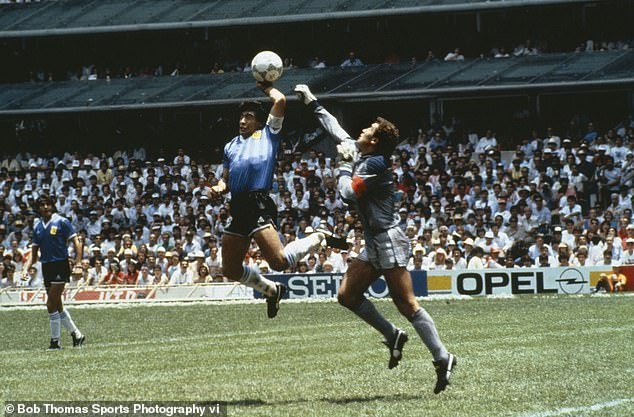 In 2022, an anonymous bidder paid £7.1 million for the shirt worn by Diego Maradona (left) when he scored the infamous 'Hand of God' goal against England in their 1986 World Cup match