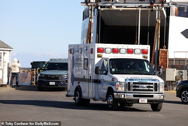 An ambulance, which is usually part of the presidential motorcade, arrived from the ferry to Nantucket Island on Monday