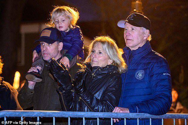 The Bidens traditionally attend the city's Christmas tree lighting.  Hunter Biden, baby Beau, first lady Jill Biden and President Joe Biden await the 2022 ceremony