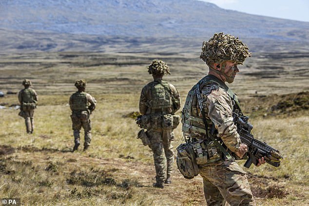 Pictured: British troops patrolling the Falkland Islands last year