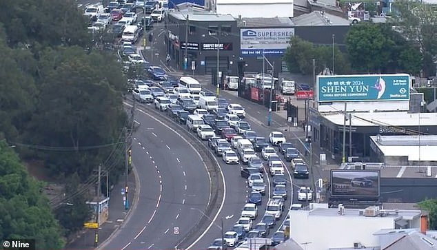 Live traffic footage showed motorists traveling and stopping on Monday morning, from the sign at the entrance to the bypass to well beyond the Iron Cove Bridge (pictured)
