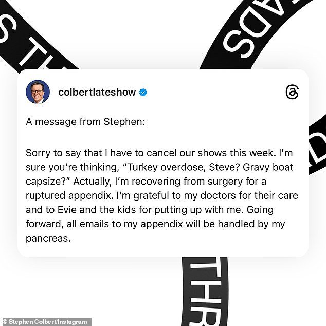 'A message from Stephen': The 59-year-old chat show host - who welcomed host David Letterman to the program last week - took to social media to make the announcement