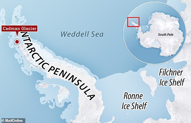 Most of the world's glaciers are in Antarctica.  This map shows the location of Cadman Glacier, on the Antarctic Peninsula (the part of Antarctica that sticks out from the mainland like a tail)