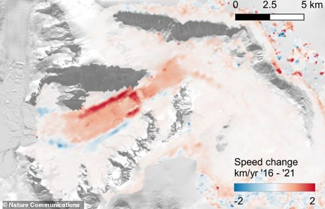 Scientists found that the speed at which the glacier was flowing accelerated significantly, doubling its speed, which led to an increase in the amount of ice that it discharged into the sea in the form of icebergs.  This image shows the areas of the glacier that saw the highest increase in velocity between 2016 and 2021 in red.