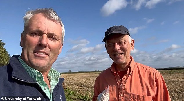 The team behind the beans: Farmer Andrew Ward (pictured left) grows legumes in a 13-acre field in Leadenham.  Professor Eric Holub (right), from the University of Warwick, said the beans were produced from... 