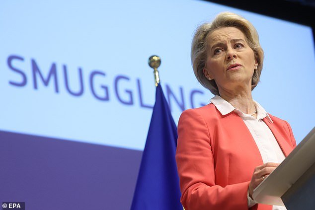 European Commission President Ursula von der Leyen speaks at the first international conference on a global alliance to combat migrant smuggling in Brussels, November 28
