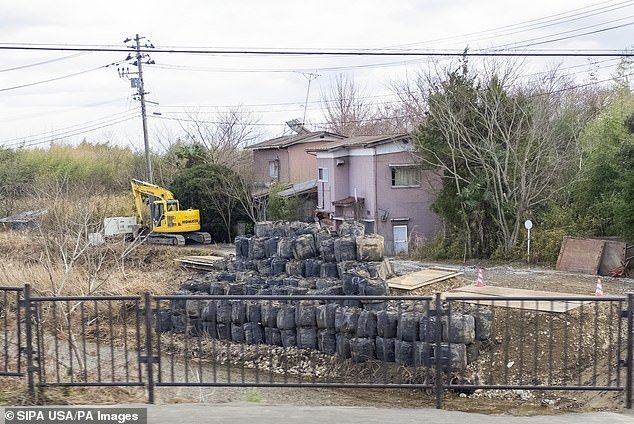 Black plastic bags containing layers of contaminated topsoil scraped away to remove radiation in the city of Futaba, which suffered the consequences of the Fukushima nuclear disaster in 2011