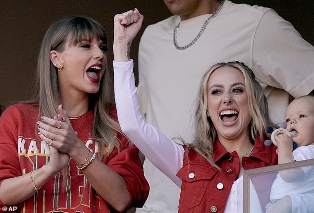 Taylor and Travis enjoyed a double date with his teammate Patrick Mahomes and his wife Brittany, 28 – pictured with Taylor at a Chiefs game earlier this year