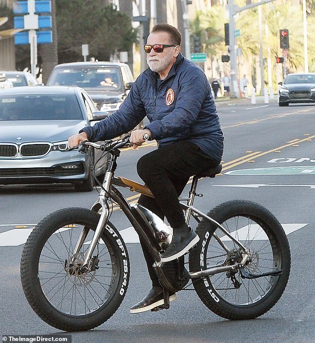 Morning bike ride: Arnold Schwarzenegger was spotted for the first time since the news of his lawsuit.  The Terminator actor, 76, bundled up in a navy blue puffer jacket to enjoy a bike ride with his 30-year-old son Patrick and a group of friends in Los Angeles on Saturday morning