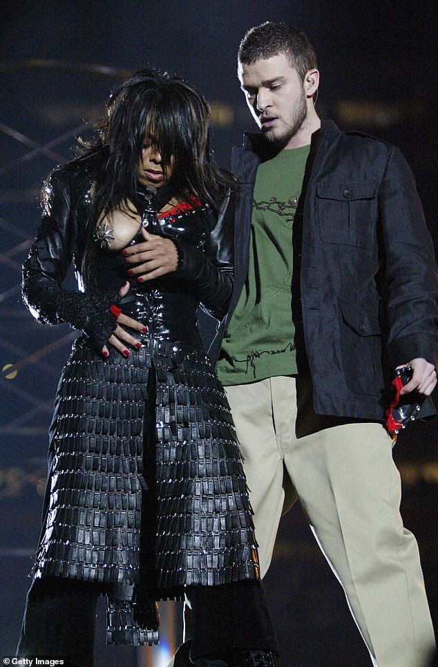 Super Bowl: Janet, 57, saw her career derailed for decades after Timberlake ripped her costume and exposed her chest on live TV during the 2004 Super Bowl halftime show;  pictured in 2004