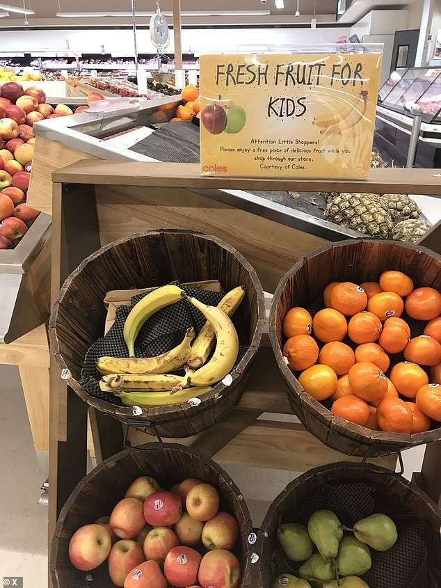 Attention little shoppers!  Enjoy a free piece of delicious fruit while you shop in our store.  Thanks to Coles', a sign says the free fruit service is available