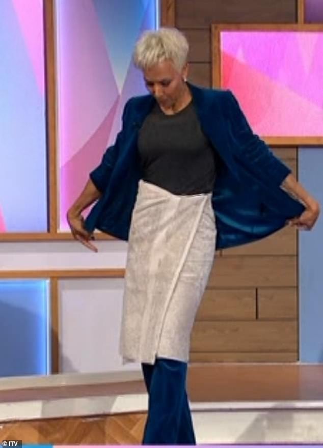 Dame Kelly Holmes (pictured) wore a cheap dupe of Balenciaga's £695 towel skirt live on Loose Women today