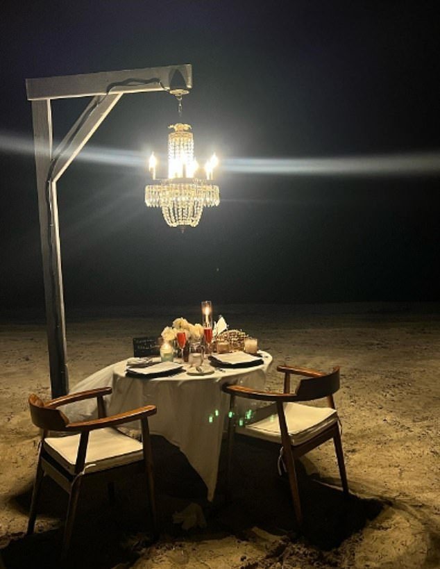 The couple enjoyed a romantic private dinner on the beach, which included fireworks