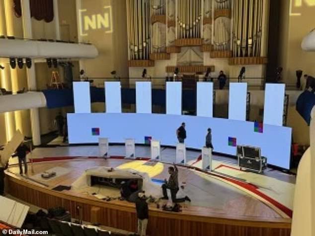 Blowjob dream?  Set construction at the site of the fourth presidential debate shows plans for five lecterns – enough to accommodate both Donald Trump and four leading candidates
