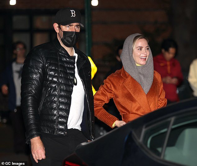 Hollywood couple: Emily Blunt, 40, beamed as she teamed up with husband John Krasinski, 44, to film Imaginary Friends in New York on Monday